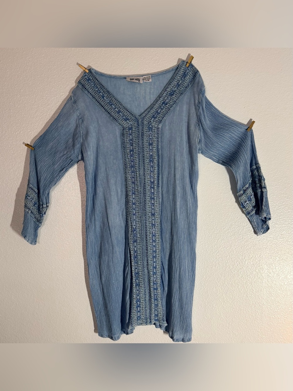 Buc-ee’s Blue Embroidered Boho Tunic Dress S/M Cotton Rayon